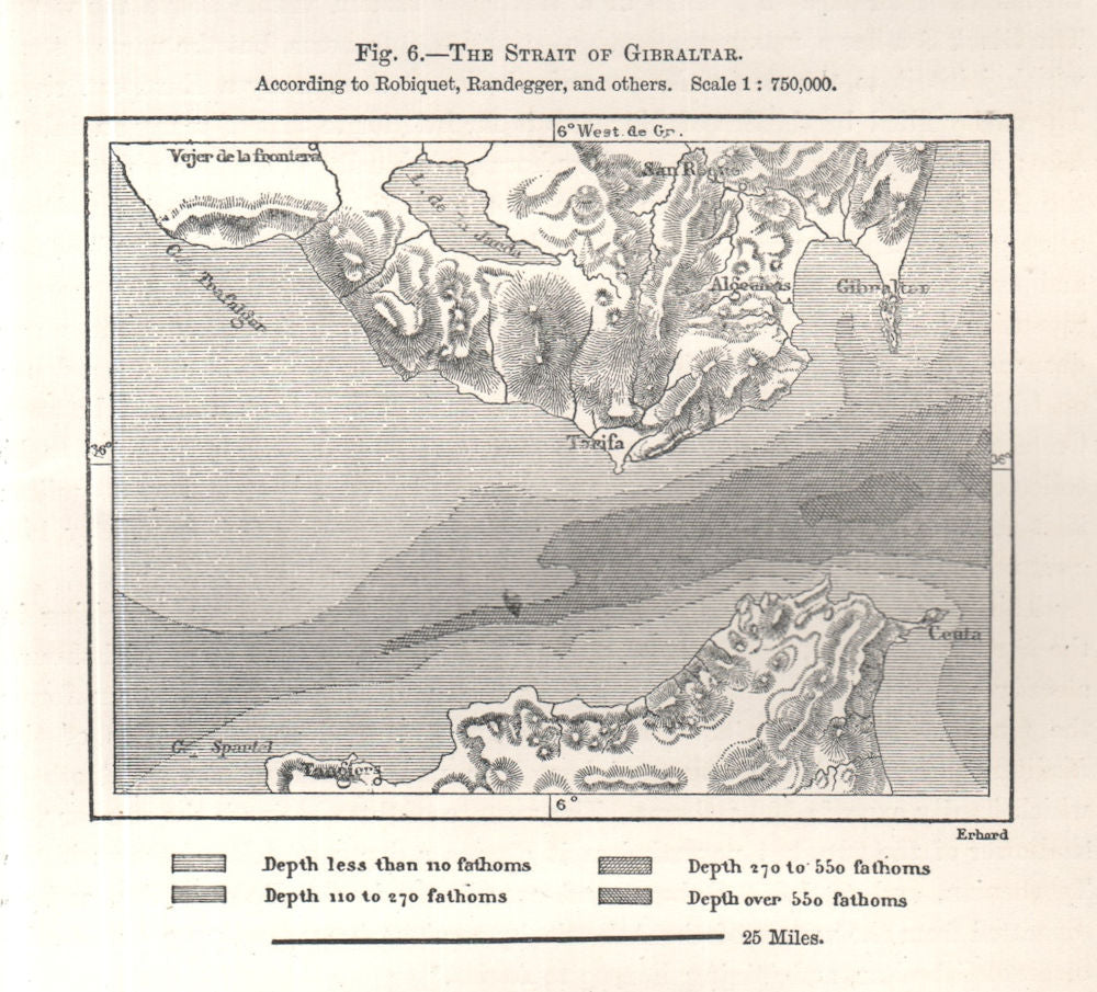The Strait of Gibraltar per Robiquet, Randegger et al. Sketch map 1885 old